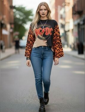 Upcycled AC/DC Tie Dye Cropped Band Tee With Flowy Sleeves, OS